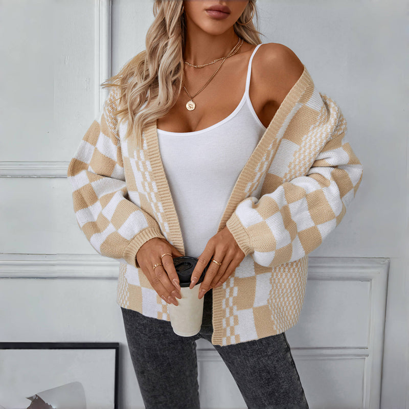 Casual Rutete Strikket Cardigan