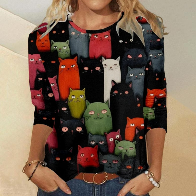 Kreativ T-Skjorte Med Kattetrykk