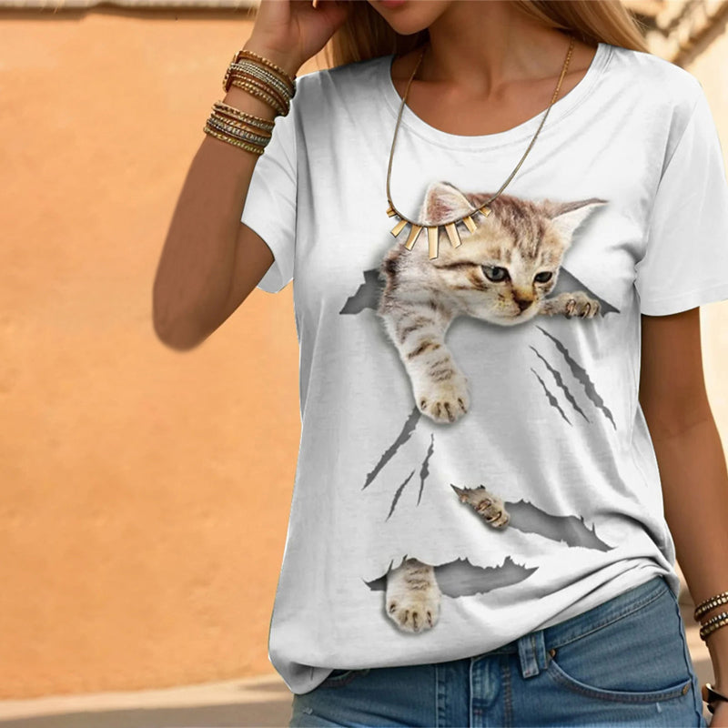 Katt Print Tilfeldig T-Skjorte