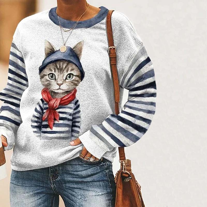 Casual Sweatshirt Med Kattetryk