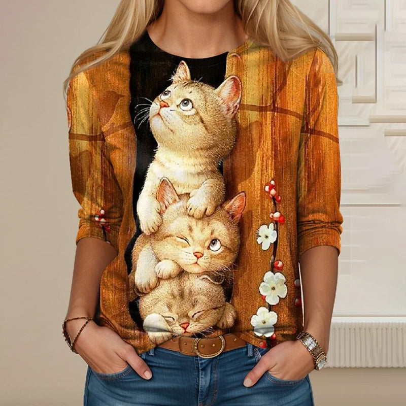Casual T-Skjorte Med Kattetrykk