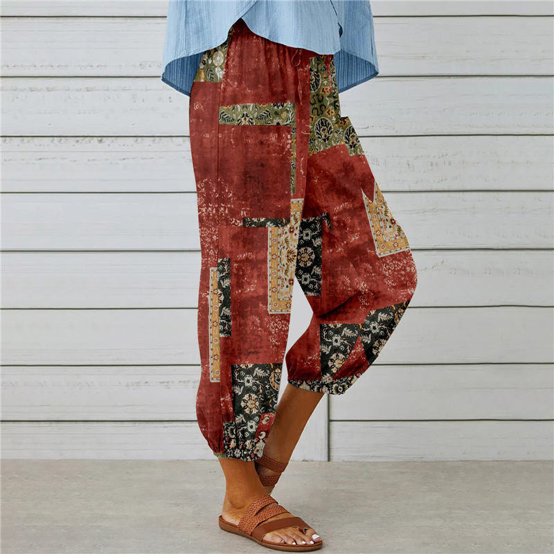 【Bawełniane i lniane】 Vintage drukowane spodnie
