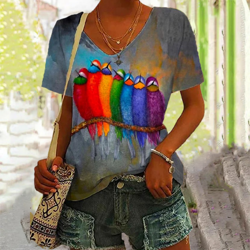 Farverig Abstrakt Fugl T-Shirt