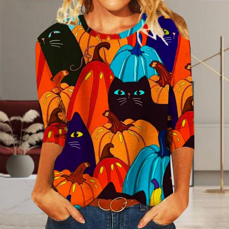 Creative Cat Print Halloween T-skjorte