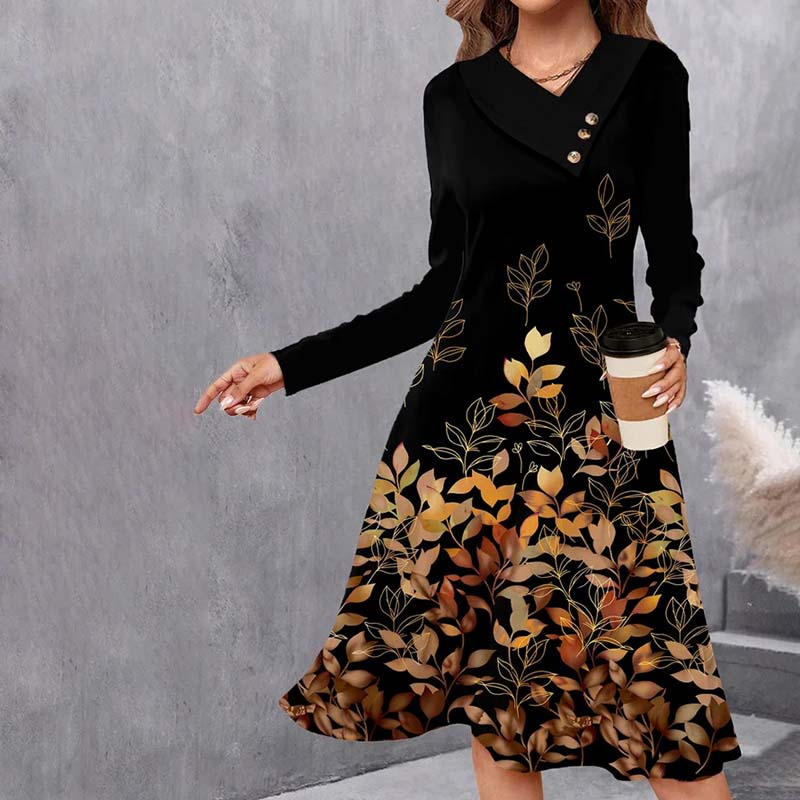 Sukienka z druku w stylu vintage liść