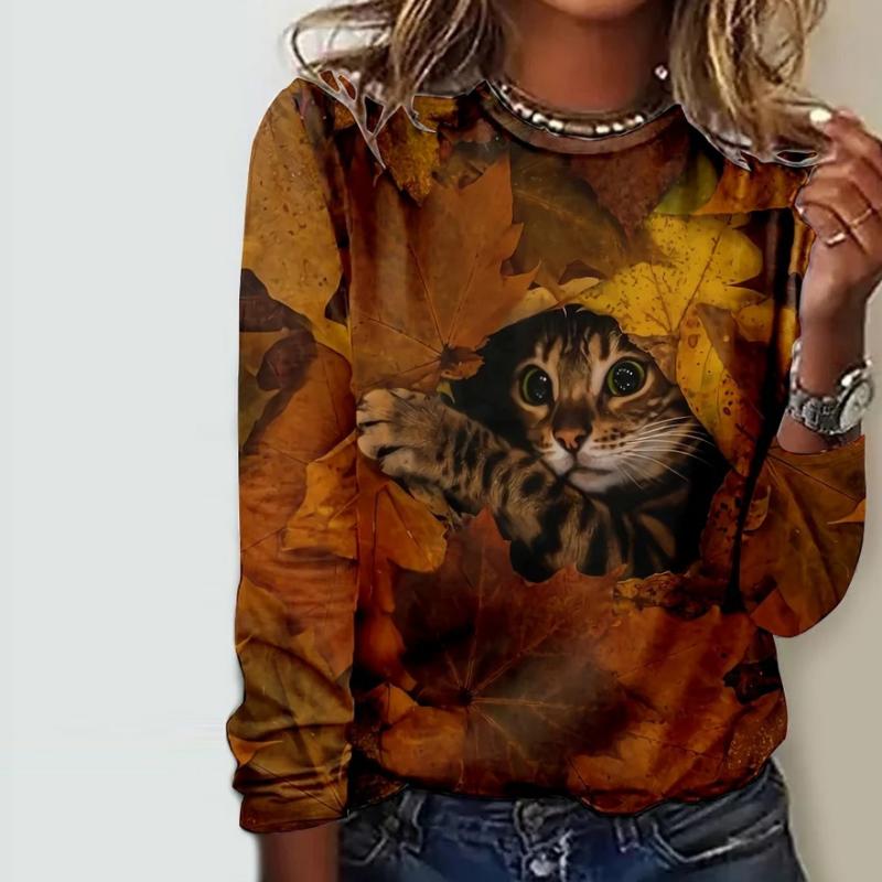 Casual Cat Print T-skjorte