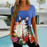 Asymmetrical Cat And Floral Print Blouse