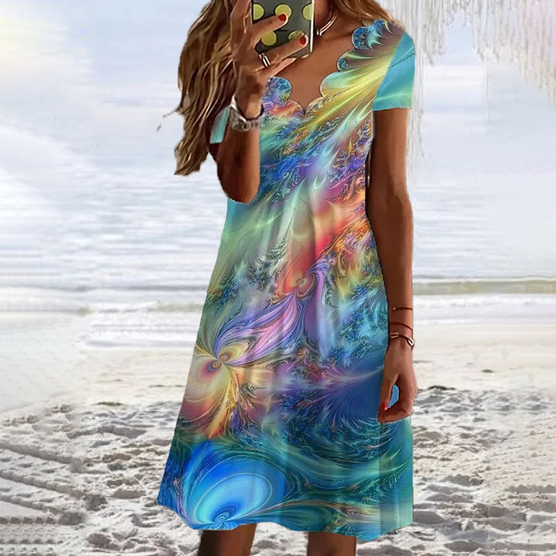 Kolorowa abstrakcyjna sukienka na plaży