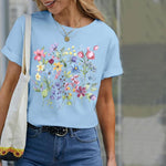【100 % Bomull】 T-Shirt Med Blommigt Tryck