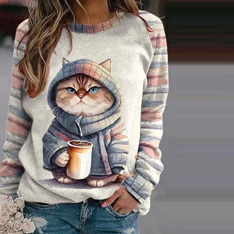 Casual Sweatshirt Med Kattetrykk