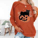 【100 % Bomull】 Halloween-T-Shirt Med Katttryck