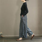 【Bomull og lin】 uformelle stripete brede benbukser