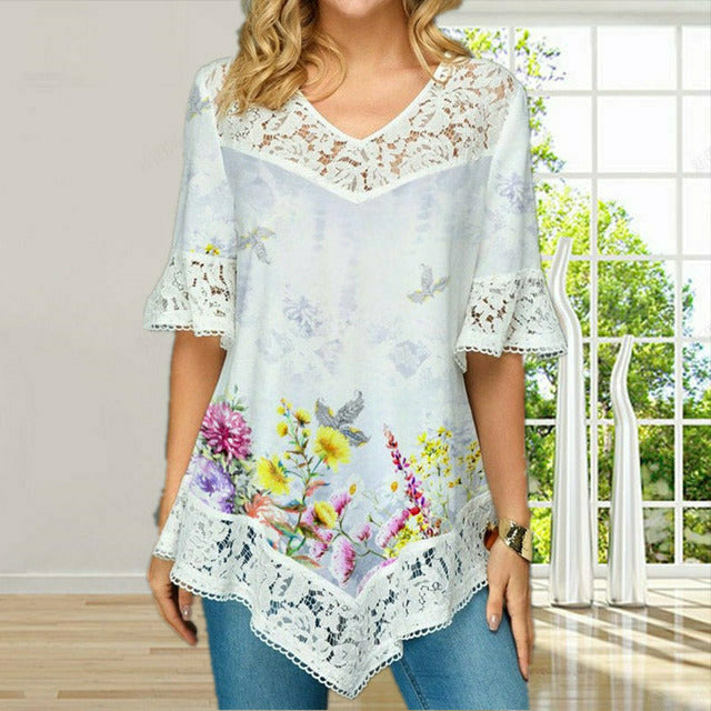 Elegant Floral Print Lace T-Shirt