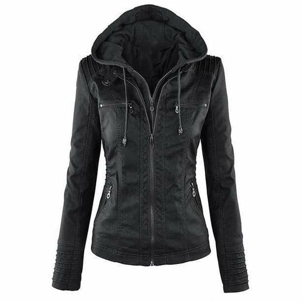 Swichic Coats Black / XL Casual Hooded Leather Jacket