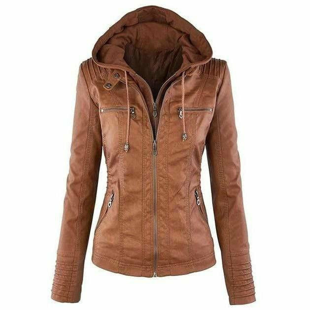 Swichic Coats Brown / 5XL Casual Hooded Leather Jacket