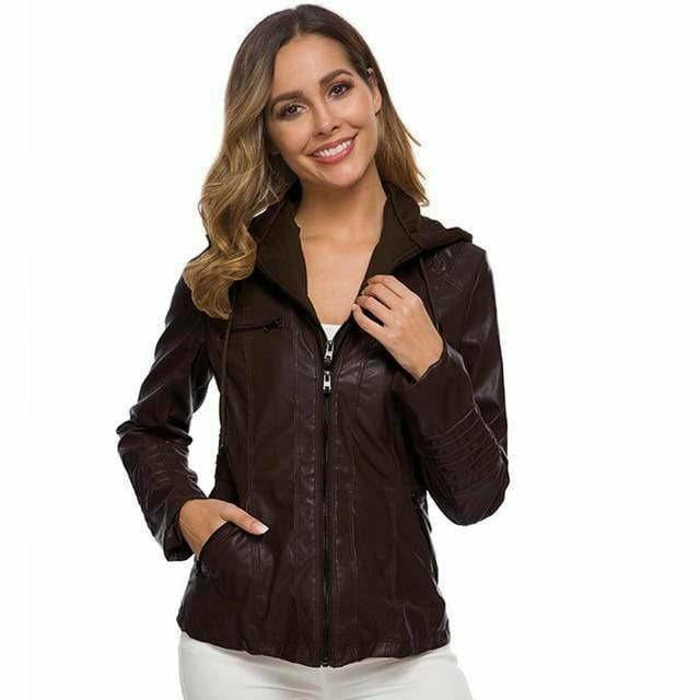 Swichic Coats Casual Hooded Leather Jacket