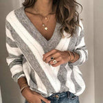 Swichic Sweaters Gray / S Casual Striped V-Neck Sweater